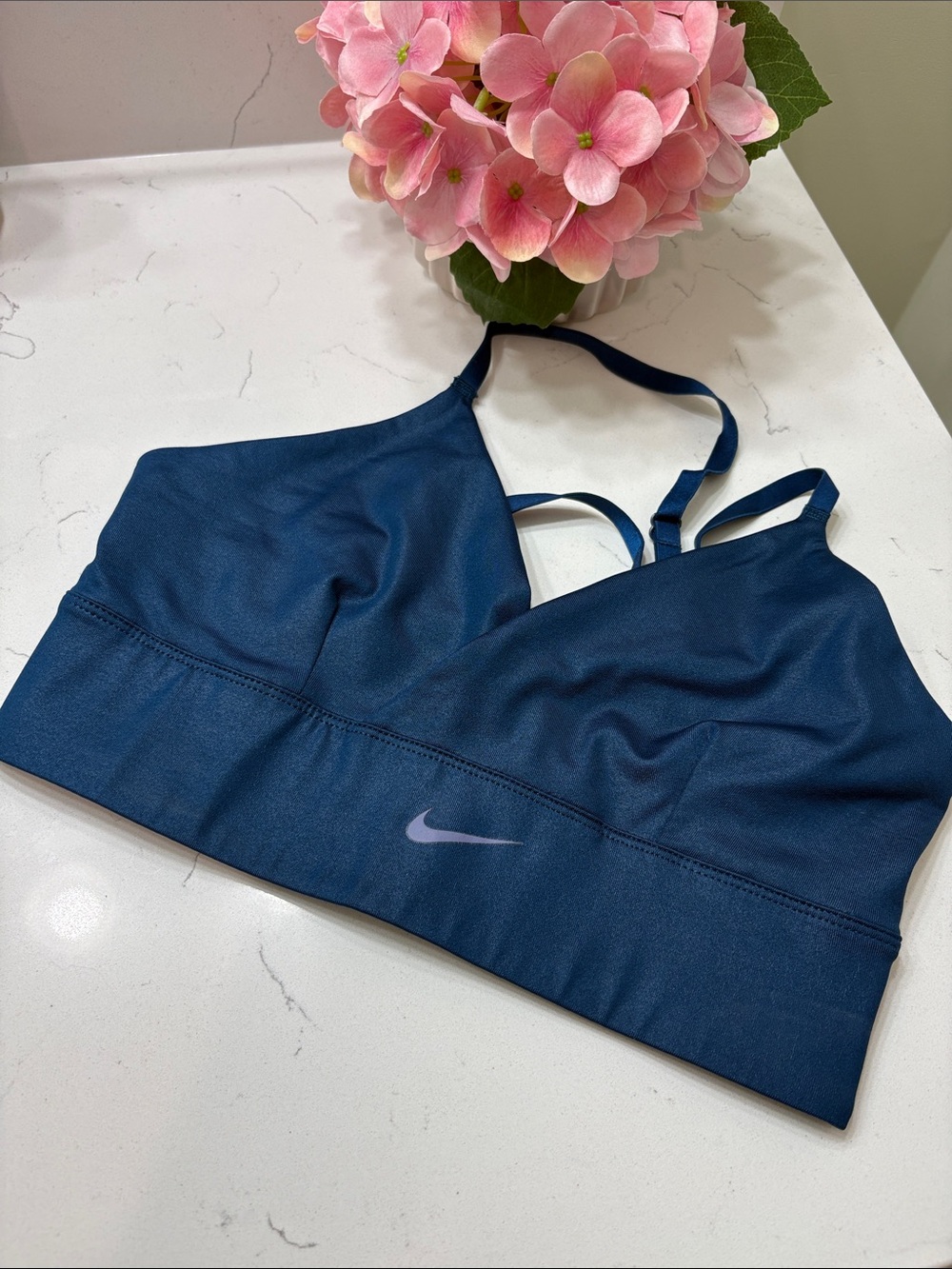 Nike dark navy blue sports bralette with light purple swoosh